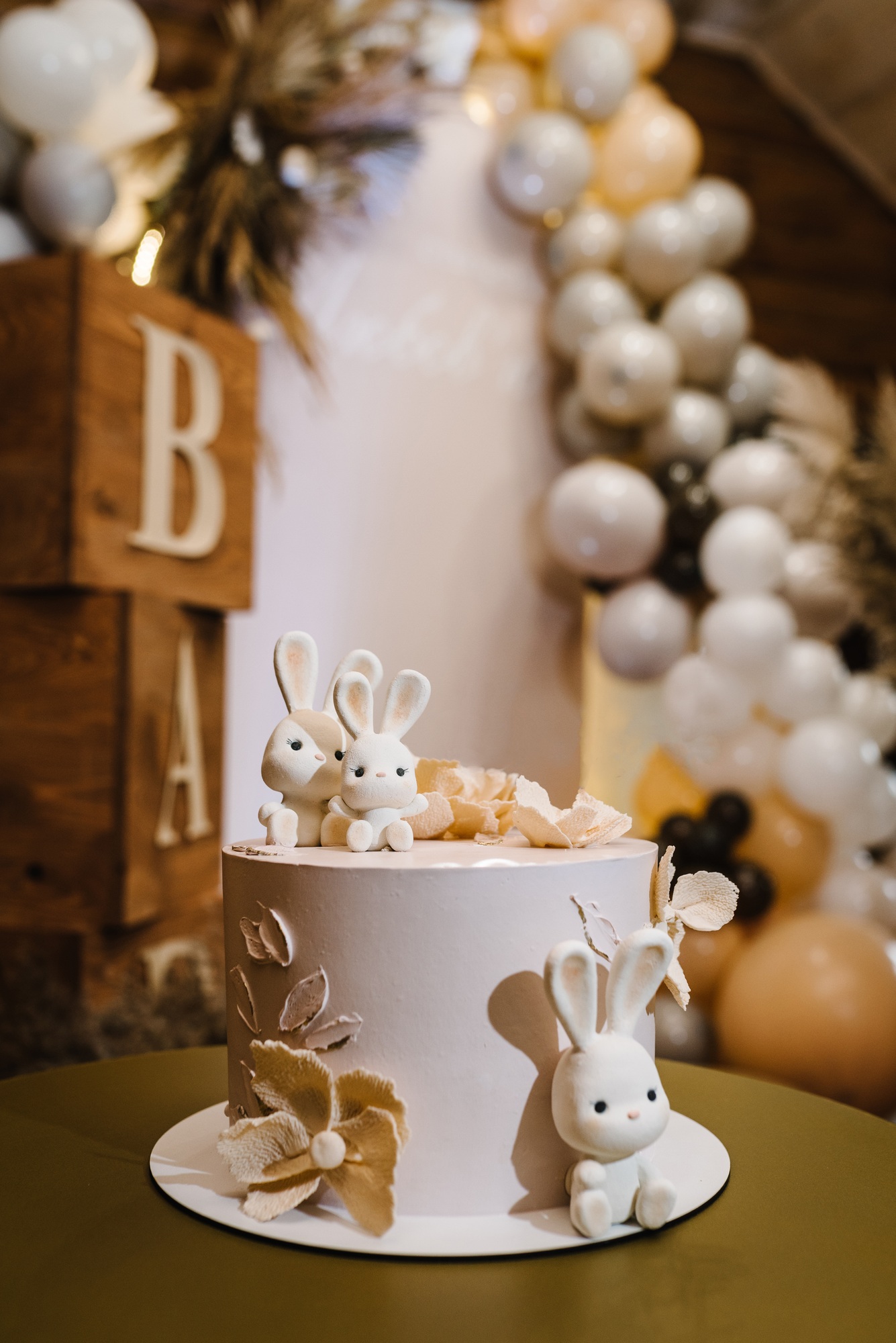 Birthday Cake on a background balloons party decor. Baby shower party, decor. Celebration baptism